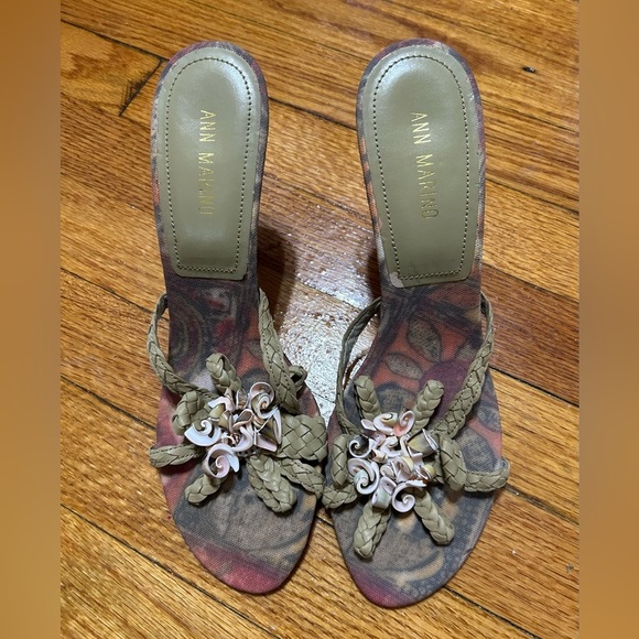 ANN MARINO SANDALS HEEL SHOES WITH SEA SHELLS  Green Leather With Print Art Sole - Picture 1 of 12